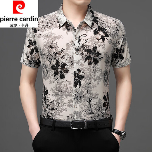 皮尔卡丹（pierre cardin）夏季新款冰丝短袖花衬衫男高级感免烫抗皱休闲印花衬衣中年爸爸装 9898黑色 XL 175【140-160斤】