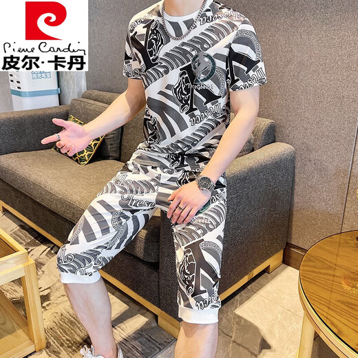 皮尔卡丹（pierre cardin）轻奢欧货短袖男装夏季潮牌潮流高端冰丝速干t恤男士穿搭一整套装 829卡其色套装 2XL 适合135-150斤