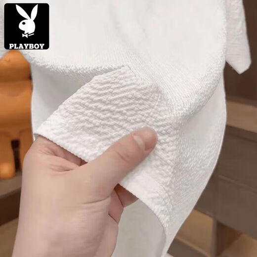 花花公子（PLAYBOY）2025新款夏季冰丝肌理感绣标圆领男士短袖时尚半袖百搭轻奢T恤男 【夏季短袖】6628白色 XL 120-135斤