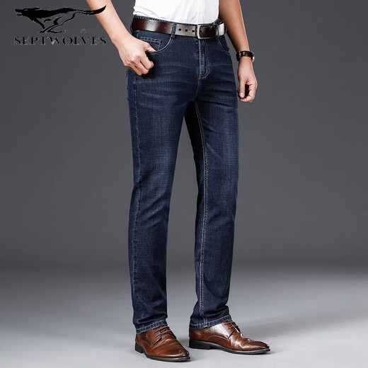 Septwolves 2025 Spring and Autumn New Thick Elastic Business Men's Straight Men's Jeans Trousers Casual Pants in Stock 124HB3882 Dark Blue 32