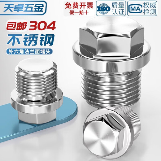 Tianzhuo Hardware 304 stainless steel external hexagonal flange plug with side pipe oil plug bulk head water pipe metric inch 2 points 4 points M10*1-2 pcs