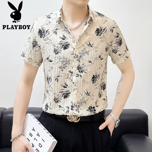 Playboy (playboy) glace Slim Slim Short à manches à manches à manches courtes pour hommes Summer Casual Ir-Irging Mid-Marseved Clothing Men's Clothing Bk679 Black M