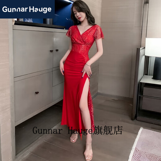 Gunnar Hauge性感礼服性感洋装低胸气质晚礼服长版足浴桑拿技师沐足工作服 3883黑色 M 建议95-105斤