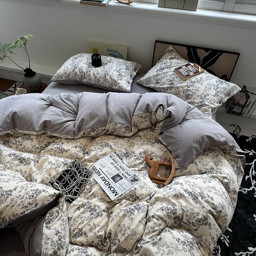 Autumn and winter thickened American retro style original linen retro button style bed four-piece set 2025 new bed sheet and quilt cover Original linen retro-midsummer 1.8m fitted sheet four-piece quilt cover 200x230