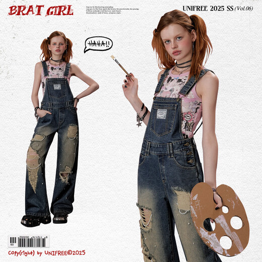 Unifree American Retro Trendy Cool Ripped Loch Wäsche alte, geradlinige Denim Overalls s s