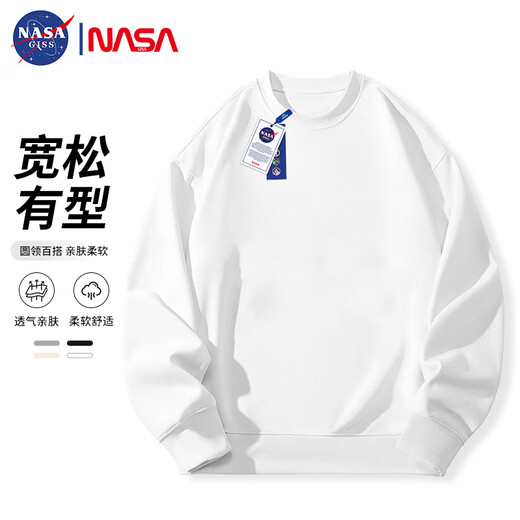 NASA GISS圆领卫衣男纯色基础款上衣情侣款百搭长袖T恤 白色圆领常规 L 