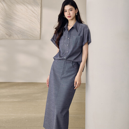 Roeyshouse Luoyi Camisa retro casual Traje 2025 Summer NUEVA FALLA COLOR SOLID SOLIDO SET DOS PIEZAS 12398 Denim Azul 2xl