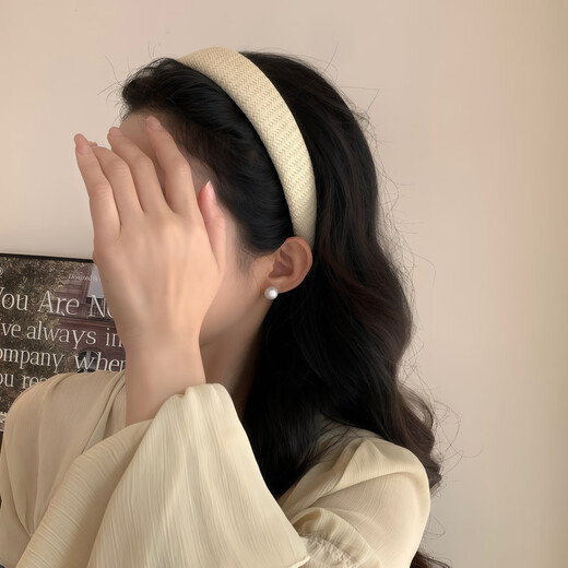 SNQP Korean ins summer cotton and linen braided wide-brimmed hair hoops, versatile and temperamental, solid color headbands, hair clips and hair accessories, 1 beige hair hoop, 3cm wide