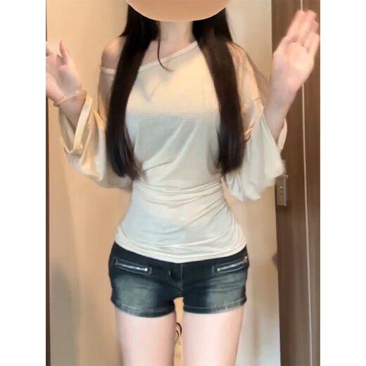 甄格纳杏色薄款罩衫薄纱夏季女微透露肩后背绑带收腰斜肩上衣宽松 卡其色【优质款】 XL 116-130斤