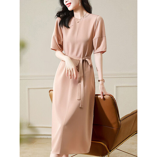 Olj Light Luxury Brand Seidenkleid für Frauen 2025 Sommer neuer kurzärmelige modische sanfte Temperament Mulberry Seidenrock Garnelpulver M Empfohlenes Gewicht 90-110jin [Jin gleich 0,5 kg] Kartencode zum großen Schießen groß