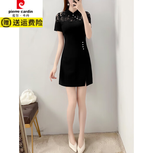 Pierre Cardin plus size summer dress for women slimming belly-covering little black dress for fat mm cheongsam style improved version Chinese style retro slit dress black M recommended 92-103 Jin Jin is equal to 0.5 kg