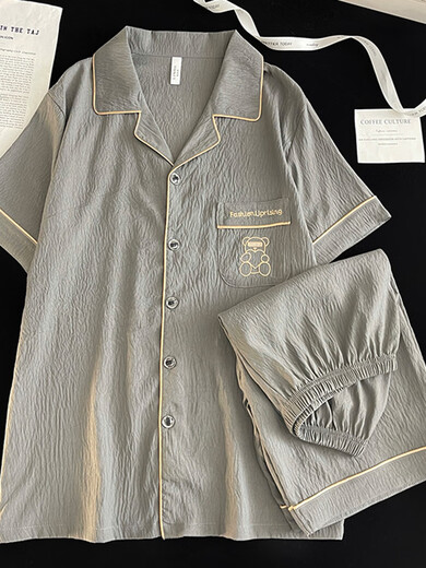 Qinji men's pajamas thin summer cloud cotton three-piece set men's pajamas summer cloud cotton short sleeve three-thin summer 12608 XXXL code (recommended height 185 and weight 175~195 average size