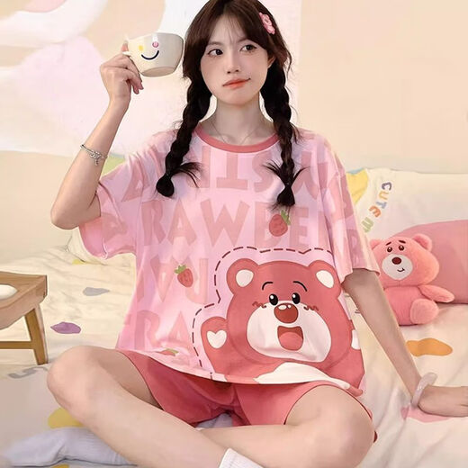 趣依瑶线条小狗短袖睡衣女夏加肥加大码少女可爱卡通圆领家居服套装便宜 693黑笑脸【单套】 M 码建议【7095斤】