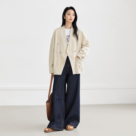 对白【100棉】宽松廓形工装短外套女2025秋新款慵懒通勤休闲上衣 浅卡其 S