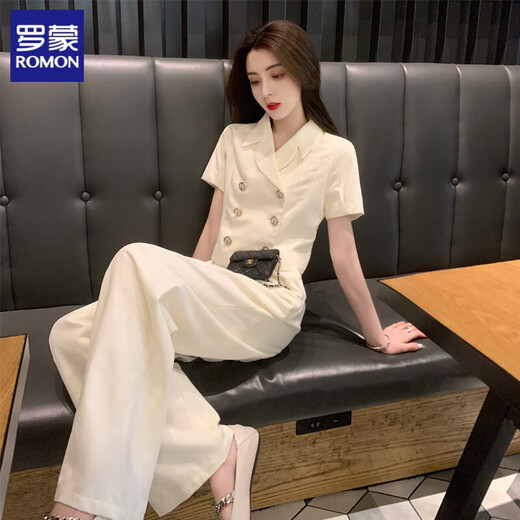 罗蒙（ROMON）小香风套装女夏季2025新款盐系轻熟高级感减龄气质简约休闲两件套 杏色长裤 L