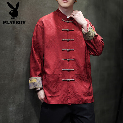 Playboy (PLAYBOY) New Chinese style men's Chinese style red Tang suit shirt jacket spring long-sleeved shirt animal year Hanfu top men's red 3XL 160-180Jin Jin equals 0.5 kg