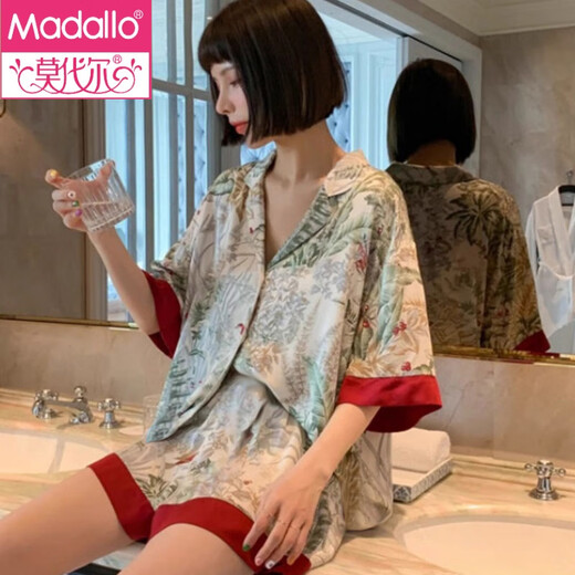 莫代尔冰丝新中式国风印花睡衣女装夏季薄款感可外穿短袖短裤家居服 套LW9214【丝滑凉感型】 M 【建议80-100斤】