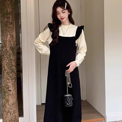 Robe des femmes enceinte printemps et automne français de style hepburn grande taille en vrac faux jupe tricotée en automne et hiver haut de gamme, faux jeu de deux pièces xxl