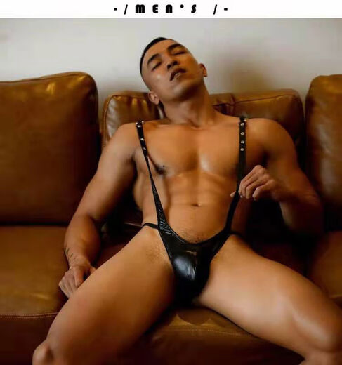 G-string men's black imitation patent leather PU sexy one-piece suspender T-pants temptation men's sexy underwear passionate teasing g063 one size fits S-XXL