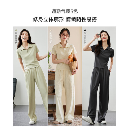 梵希蔓运动休闲套装女夏季新款Polo领t恤上衣阔腿裤两件套 碳灰色 S
