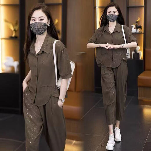 啄木鸟休闲时尚套装女2025夏季新款宽松洋气细闪减龄衬衫哈伦裤两件套女 深咖色-套装579 M 建议90斤-105斤