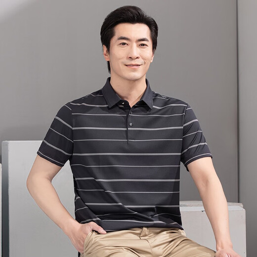 红都夏季新款男士短袖T恤商务休闲翻领簿款条纹微弹中年半袖t恤衫 咖色ta9226-2 均码 190/104A