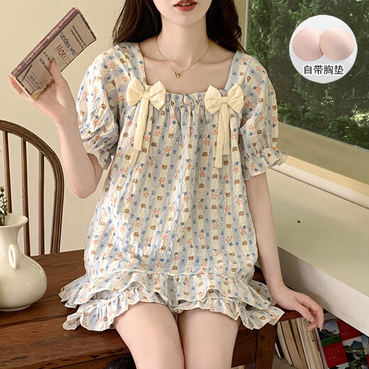 Pajama de algodón en la nube para mujeres en verano dulce estilo floral con almohadilla de pecho pantalones cortos de manga corta La ropa delgada del hogar se puede usar afuera 9902-3# 2XL