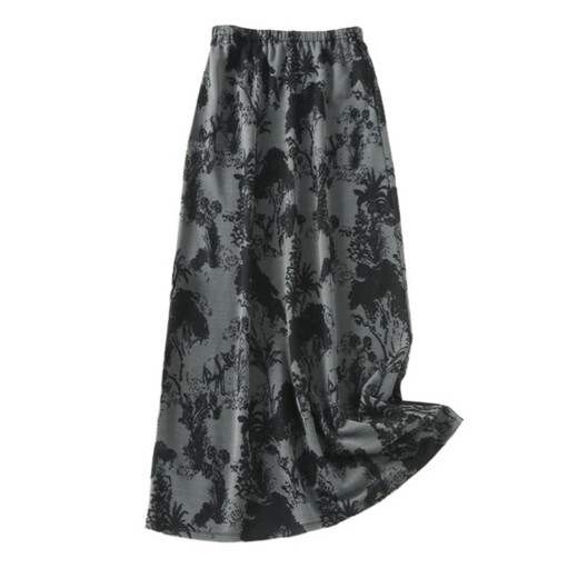 Tachimis TOUCH MISS2025 spring elastic waist skirt for women new retro print versatile high waist mid-length skirt Olive green XS 27