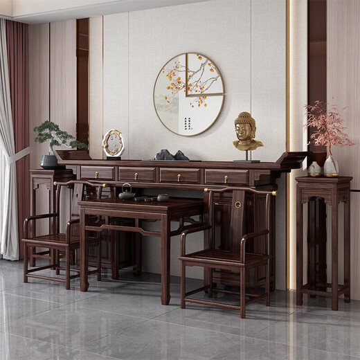 Zhidou Central Hall Sechs-teilig Set Massivholz Central Hall Sechs-teilig Set New Chinese Style Rural Hall Altar Tisch SN3895 Kupfer Offizieller Hutstuhl Sechs-teilige alte Elmholz Holz