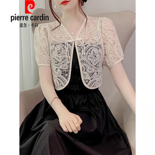 Pierre cardin lace shawl 2025 new women's outer sun protection cardigan summer thin style texture short jacket pin 3890 apricot XL