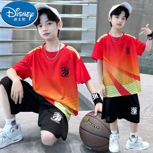 迪士尼（Disney）男童夏装冰丝球衣运动服套装2025新款中大童夏季短袖宽松速干球服 深灰色--9922款 120 cm