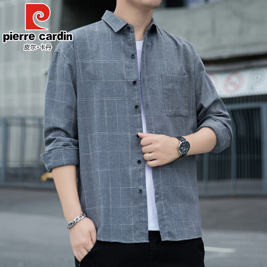 Pierre cardin American plaid shirt jacket men 2025 spring and autumn style trendy long sleeve men middle-aged loose casual versatile clothes K12108 gray 3XL