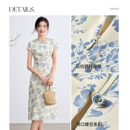 Vestido de cuello redondo de altura corta estampada de estilo azul y blanco de estilo azul y blanco impreso para mujeres en la cintura de verano y falda de falda de línea A-line-longitud