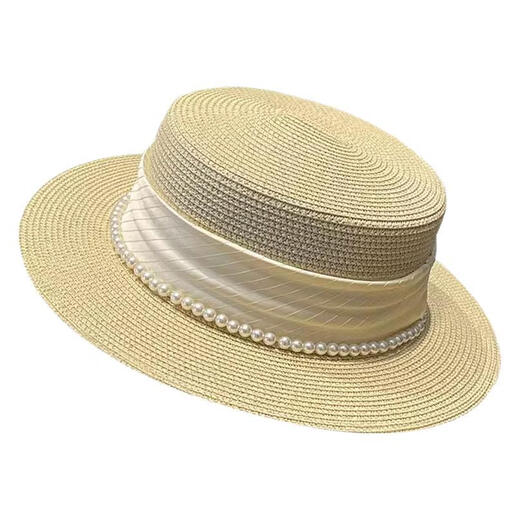 
Jin[Jin equals 0.5 kg] Mufan style flat top straw hat big head circumference summer pearl top hat straw woven beach vacation sun protection sun hat women pearl silk straw hat [bee]
