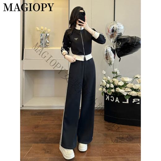 Magiopy International Luxury High-End-Marke kleine Menschen, die hohe Freizeitsport-Set Frauen-Frühling Europäische Station schwarzer Kurzjacke schwarzer zweiteiliger S-S-S-Set (100 Jin [Jin gleich 0,5 kg]))