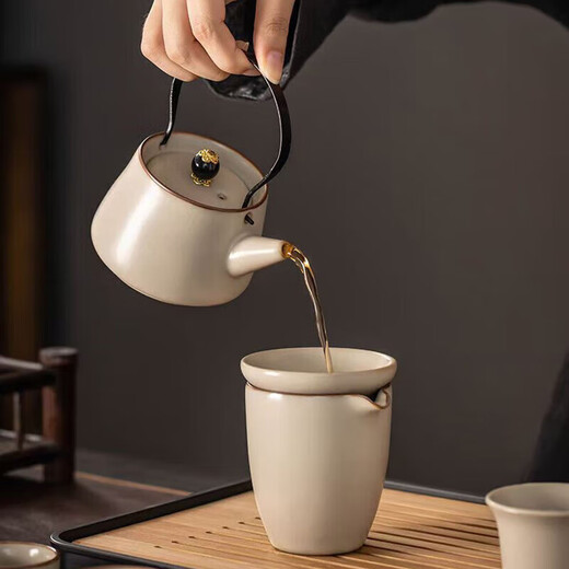 Beige Ru Kiln Kung Fu Tea Set Complete Set for Home Drinking High-end Ceramic Tea Lift Kettle Tea Cup Beige Ru Kiln One Pot and Two Cups