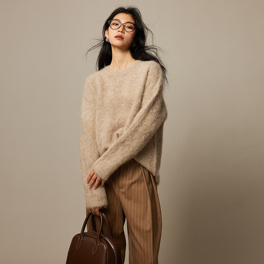 ROMON high-end brand sweater for women Maillard color 2025 spring and autumn sweater for women fur silhouette round neck top dark coffee single size / slight hair loss / mind careful shooting / flat drying