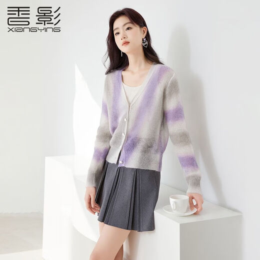 香影（xiangying）春季新款条纹晕染慵懒风纽扣软糯V领毛衣外套针织衫女 紫色 S