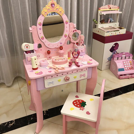 儿童梳妆台女孩过家家玩具公主化妆台化妆品套装3-5-6岁生日礼物 中号73高+凳子+理发套
