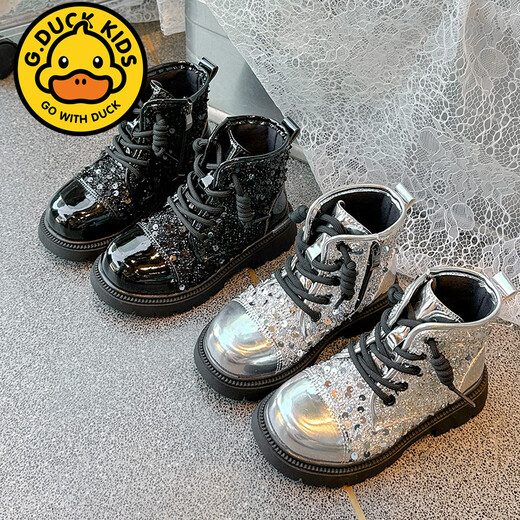 G.Duckkids Kinder Martin Boots Girls Autumn Single Stiefel 2025 Neue britische vielseitige Kurzstiefel mit mittlerer Kinder-Pailletten-Mode-Lederstiefel schwarz 31 innere Länge 19,6 cm