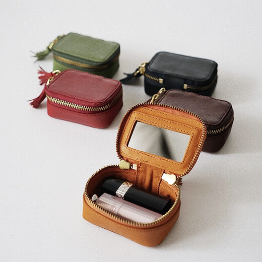 Retro handmade genuine leather cosmetic bag lipstick storage bag with mirror mini solid color makeup bag portable beeswax yellow