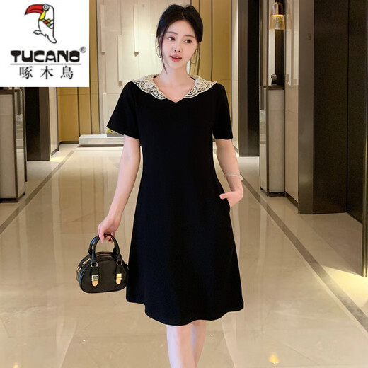Specht (Tucano) 2025 Sommer französischer Mode High-End-Kleid mit leicht fettem Bauch und Taille Slimming A-Line Rock 687 Black S 80-95jin [Jin ist 0,5 kg]