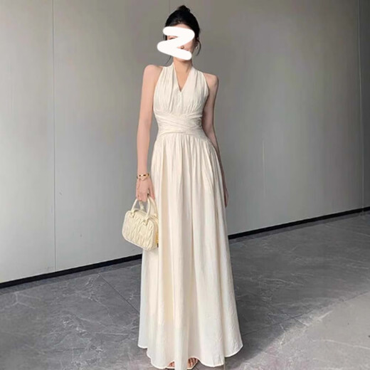 French style white sleeveless halterneck v-neck dress in shimmer for women 2025 new summer style, beautiful waist slimming long skirt, halterneck waist dress, off-white S