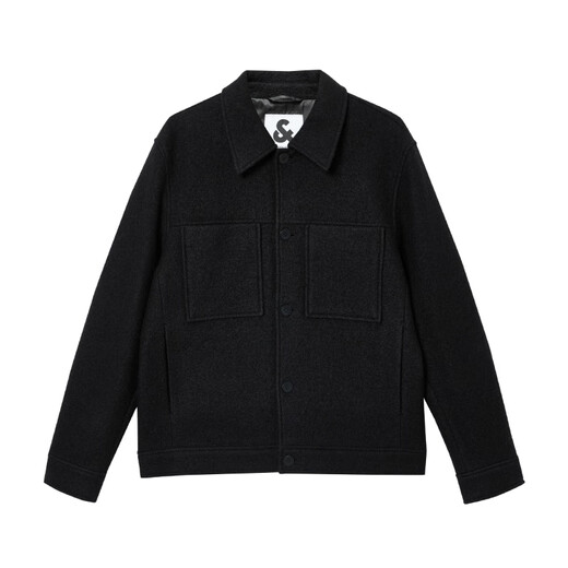 JACK&JONES 25-year men's autumn men's woolen coat solid color wool 100% woolen coat men's short woolen coat E43 pure black slightly loose, card size is small L (180)