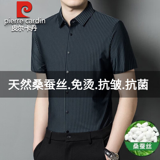皮尔卡丹高档桑蚕丝短袖衬衫男2025夏季新款条纹无痕免烫商务休闲真丝衬衣 4205#哈青 XL 175码建议130-150斤