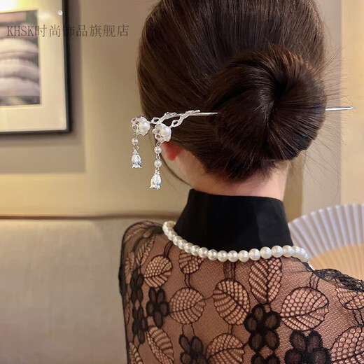 KHSK new Chinese style lily of the valley hairpin for women simple modern artificial pearl tassel hairpin updo Hanfu hair accessories iris flower