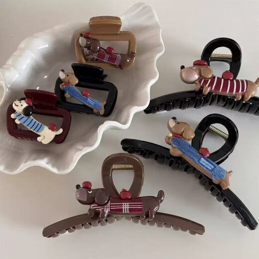 Cute and versatile cartoon puppy dachshund hairpin new high-end back head hairpin shark clip hair accessory blue striped dog-small grabber