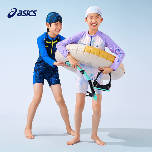 Asics/ASICS Children's 25th Summer New UPF50+ Sunscreen Elastic Antibacterial Swimsuit Cap One-piece Set 5003 Navy Blue 140