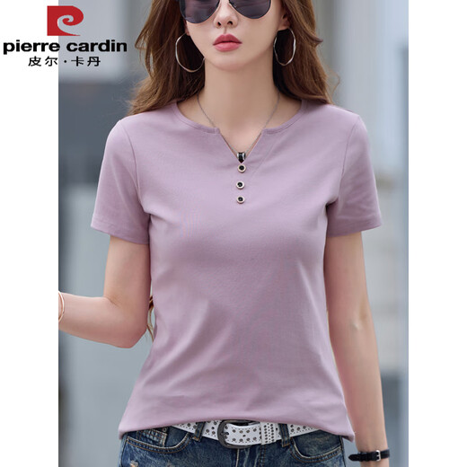 Pier Cardin 2025 Summer Nuevo diseño de hombro suelto con cuello en V suelto de algodón puro camiseta de algodón corto de manga corta Temperamento de alta gama camiseta versátil 6623 Linglong Purple (estilo de botón) S sugerido 80-95 Jin [Jin iguala 0.5 kg]
