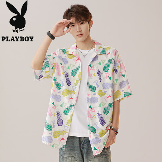 Playboy (PLAYBOY) summer new shirt men's painted dopamine beach loose short sleeve fashion trend couple T-shirt 7027 Lebanese purple M